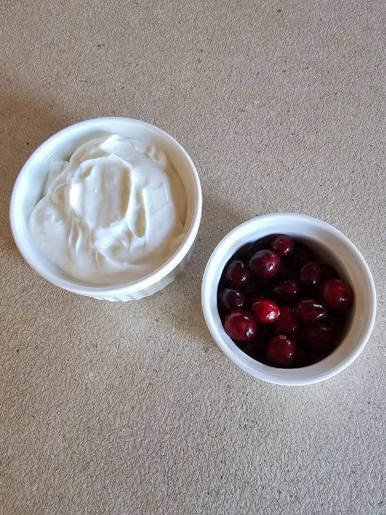 Greek yogurt and cranberries in individual white bowls.