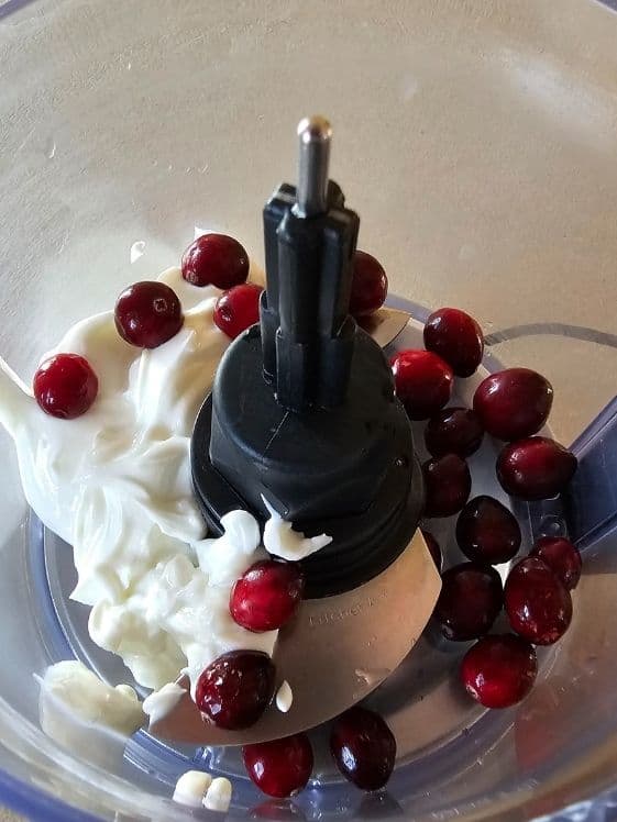 Cranberries and Greek yogurt in a food processor.