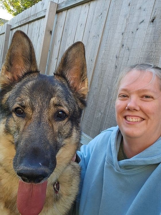 A German Shepherd next to a woman in a blue hoodie.