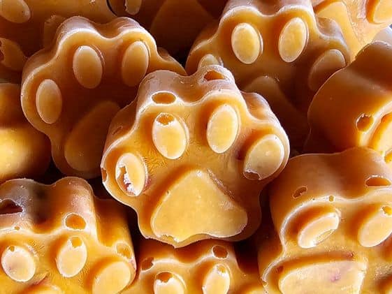 Close up of paw shaped pumpkin cranberry pup pops.