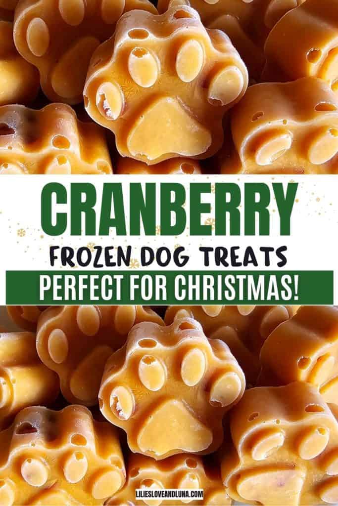 A close-up image of frozen cranberry dog treats shaped like paw prints, accompanied by text highlighting them as "perfect for Christmas".