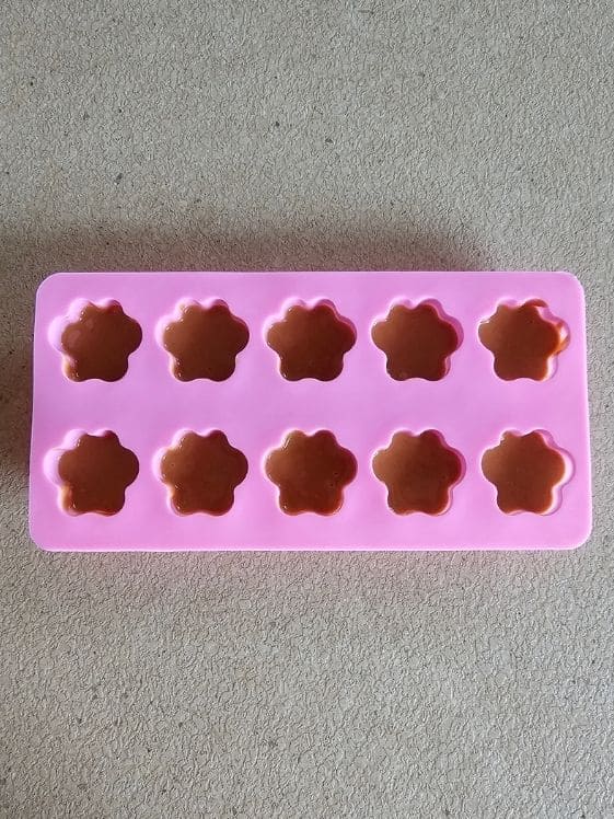 Paw shaped silicone molds filled half way with peanut butter.