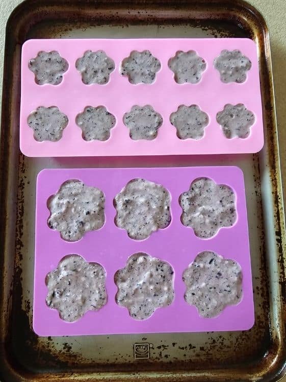 Paw shaped silicone molds ready for the freezer.