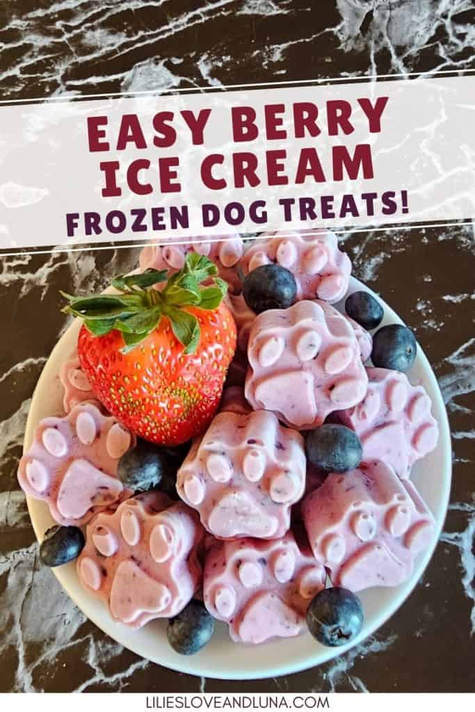 A plate of frozen dog treats shaped like paw prints, made with berries and garnished with a strawberry and blueberries, sits on a marble surface.