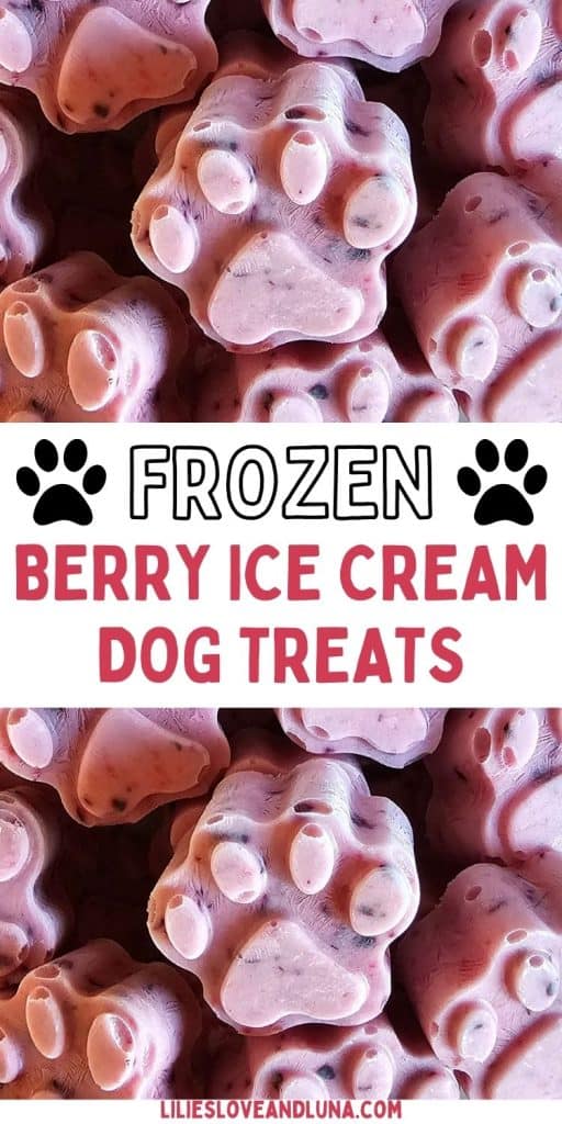 A close-up of frozen berry ice cream dog treats shaped like paw prints, displayed in a clustered arrangement.