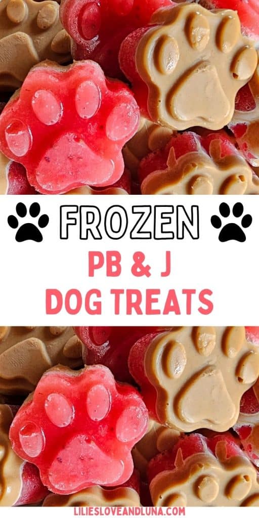 A close-up image of homemade frozen dog treats shaped like paw prints, featuring a mix of peanut butter and jelly in pink and tan colors.