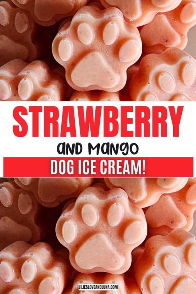 A close-up of paw-shaped frozen dog treats in a pink hue, featuring strawberry and mango flavors, ideal for making easy, healthy homemade dog treats or ice cream.