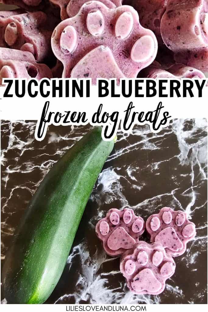 Image of a zucchini beside paw-shaped frozen dog treats made with zucchini and blueberries, labeled "Zucchini Blueberry Frozen Dog Treats."