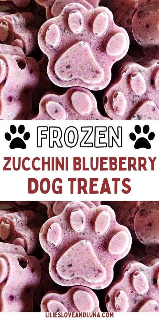 A close-up image of paw-shaped frozen zucchini blueberry dog treats arranged together, highlighting their texture and design.