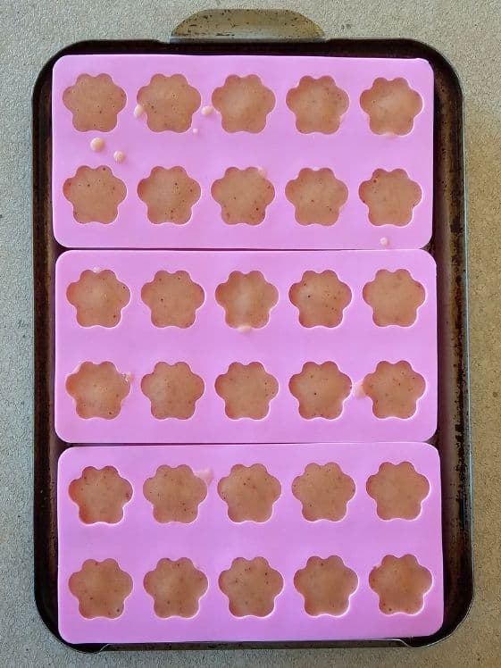 Paw shaped silicone molds filled with strawberry mango banana puree.