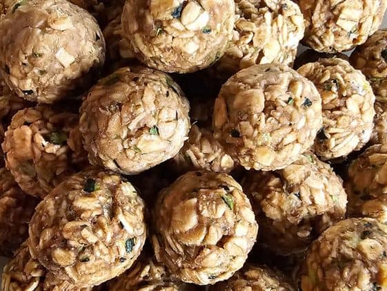 Close up of zucchini banana ball dog treats.
