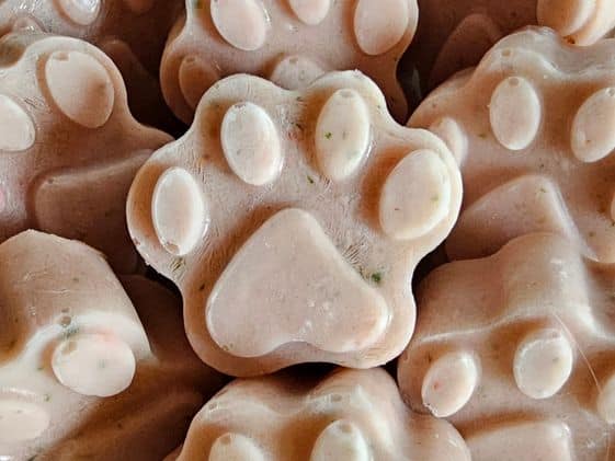 Close up of paw shaped frozen berry cucumber pupsicles.