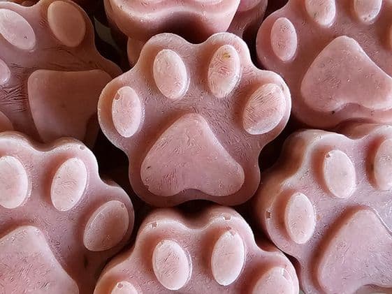 Close up of paw shaped strawberry cucumber frozen yogurt dog treats.