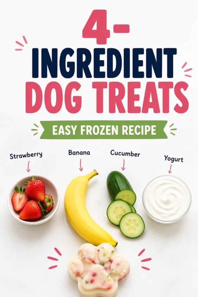 An image displaying four ingredients for homemade frozen dog treats: strawberries, a banana, a cucumber, and yogurt, with the label promoting an easy frozen recipe for summer dog treats.