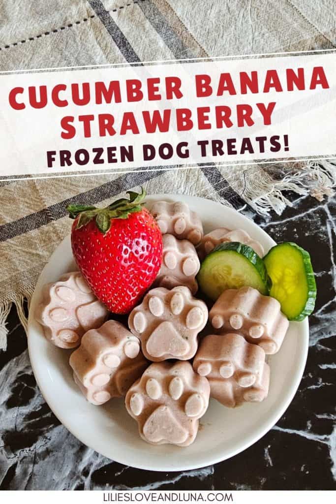 A plate of paw-shaped frozen dog treats made with cucumber, banana, and strawberry is displayed alongside slices of cucumber and a strawberry, highlighting easy homemade summer dog treats.