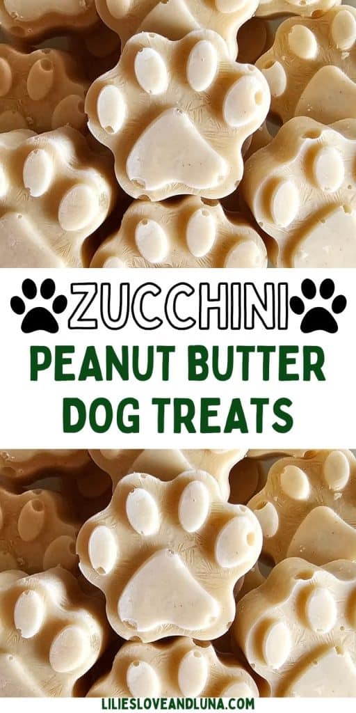 A close-up image of homemade frozen dog treats shaped like paw prints, made with peanut butter and zucchini.