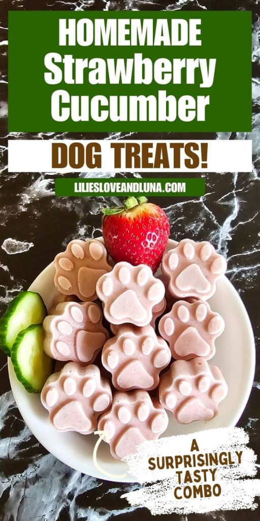 A bowl of paw-shaped homemade strawberry cucumber dog treats is displayed alongside a fresh strawberry and cucumber slices, emphasizing a healthy and easy recipe for frozen dog snacks.