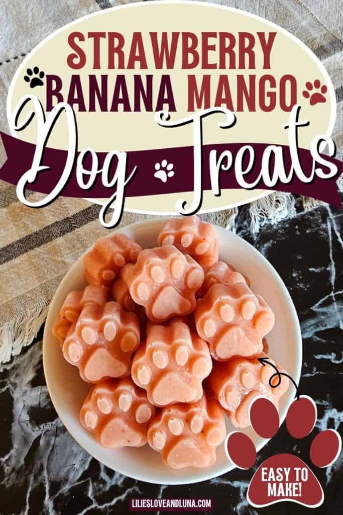 A plate of homemade strawberry-banana-mango dog treats in the shape of paw prints, perfect for cooling pups during summer.