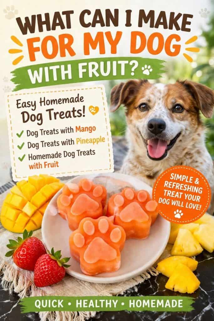 A close-up image of colorful frozen dog treats shaped like paw prints, featuring flavors such as mango, pineapple, and strawberry, labeled as "easy frozen dog treat."