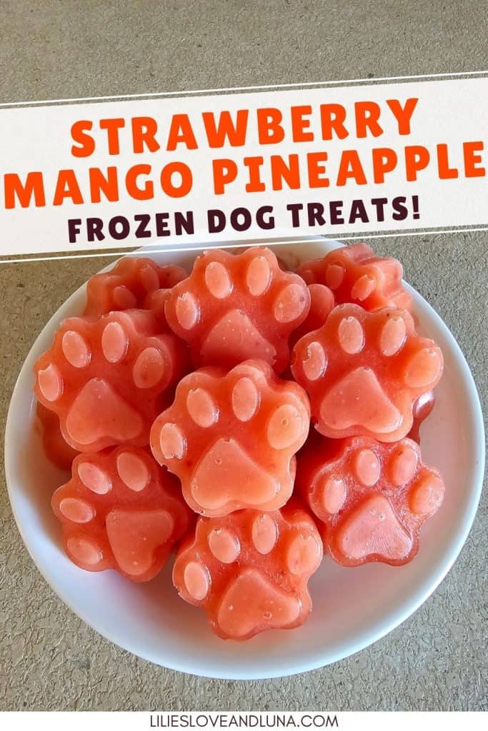 A bowl of frozen dog treats shaped like paw prints, made with strawberry, mango, and pineapple, labeled as easy homemade cold dog treats.