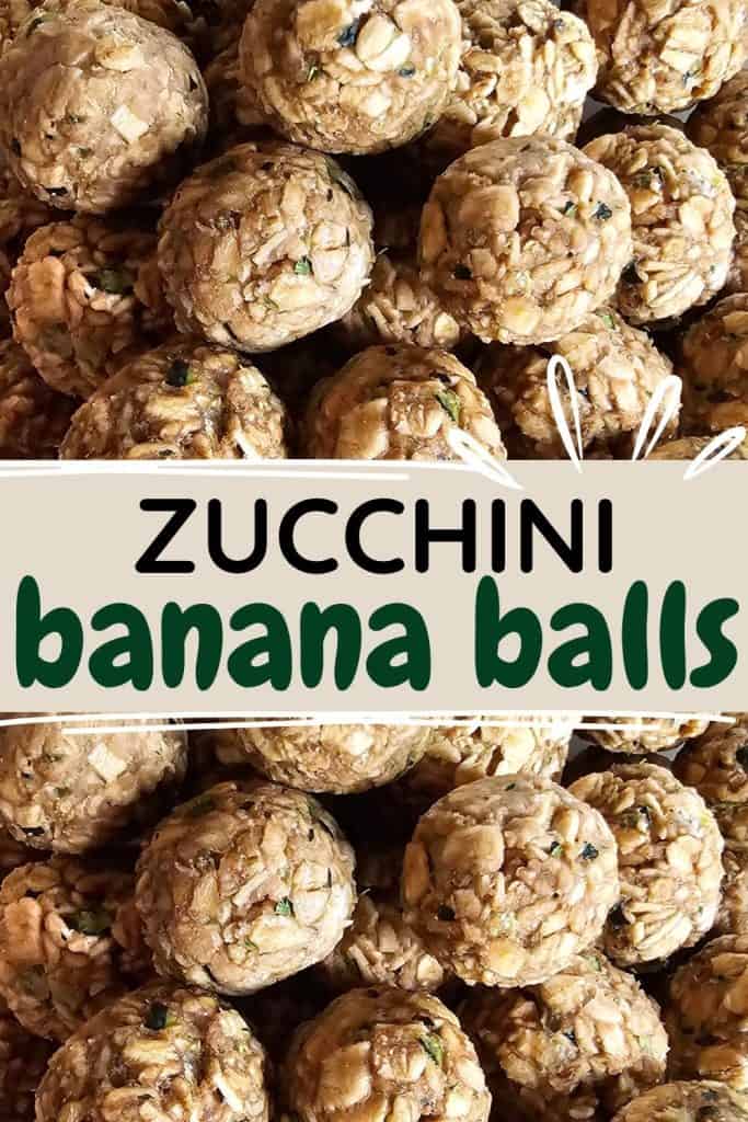 A close-up image of round, textured balls labeled "Zucchini Banana Balls," made with ingredients such as oats, zucchini, and banana, suggesting a healthy, homemade dog treat.