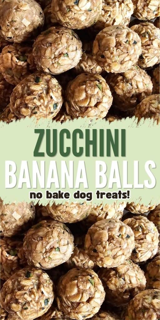 A close-up view of small, round, no-bake dog treats made with banana and zucchini, highlighting a natural mixture of oats and other ingredients.
