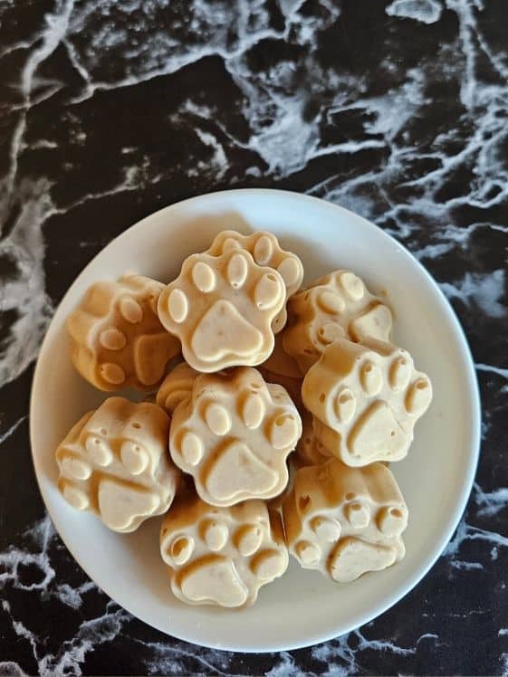A bowl of paw shaped ice cream for dogs.