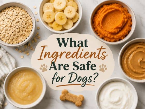 Assorted healthy ingredients like bananas, pumpkin puree, and oats for dogs.