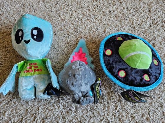 3 alien themed dog toys.