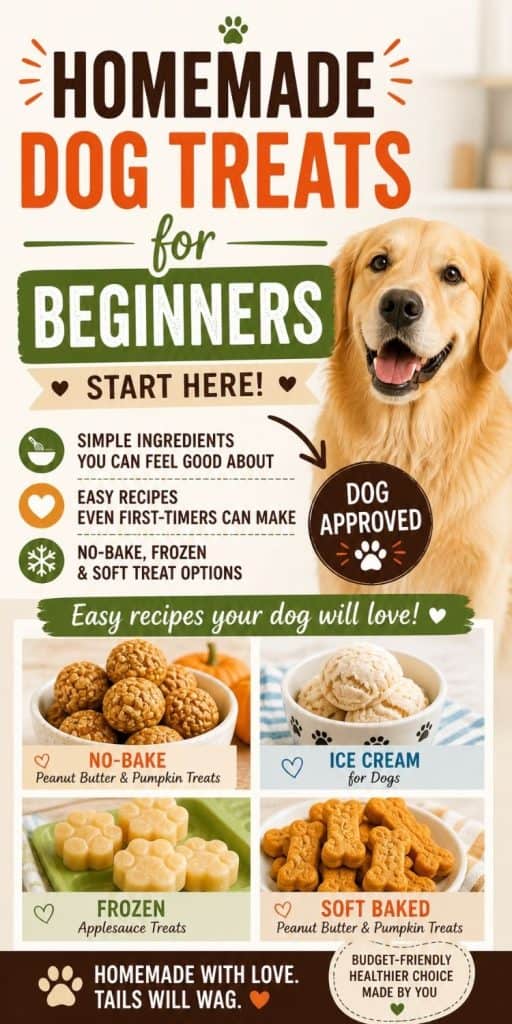 A golden retriever sits beside a colorful infographic titled "Homemade Dog Treats for Beginners," showcasing easy homemade dog treat recipes, including no-bake, frozen, and soft options.