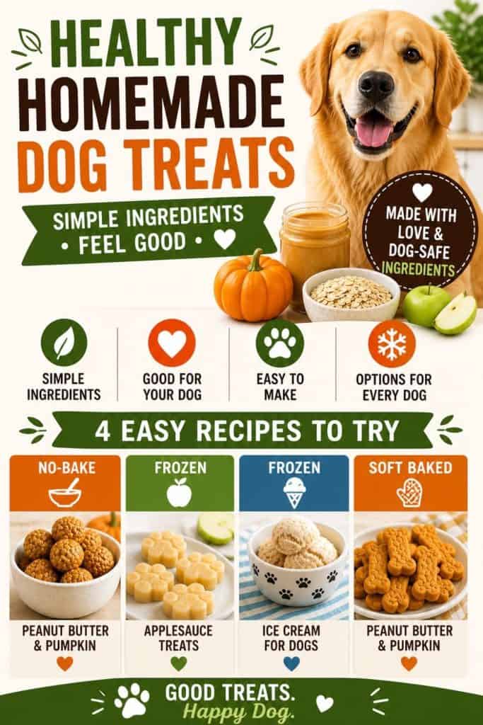 An informative graphic displaying a golden retriever next to various ingredients and dog treats, promoting easy homemade dog treat recipes with options like no-bake peanut butter and pumpkin treats, frozen applesauce treats, and soft-baked versions.