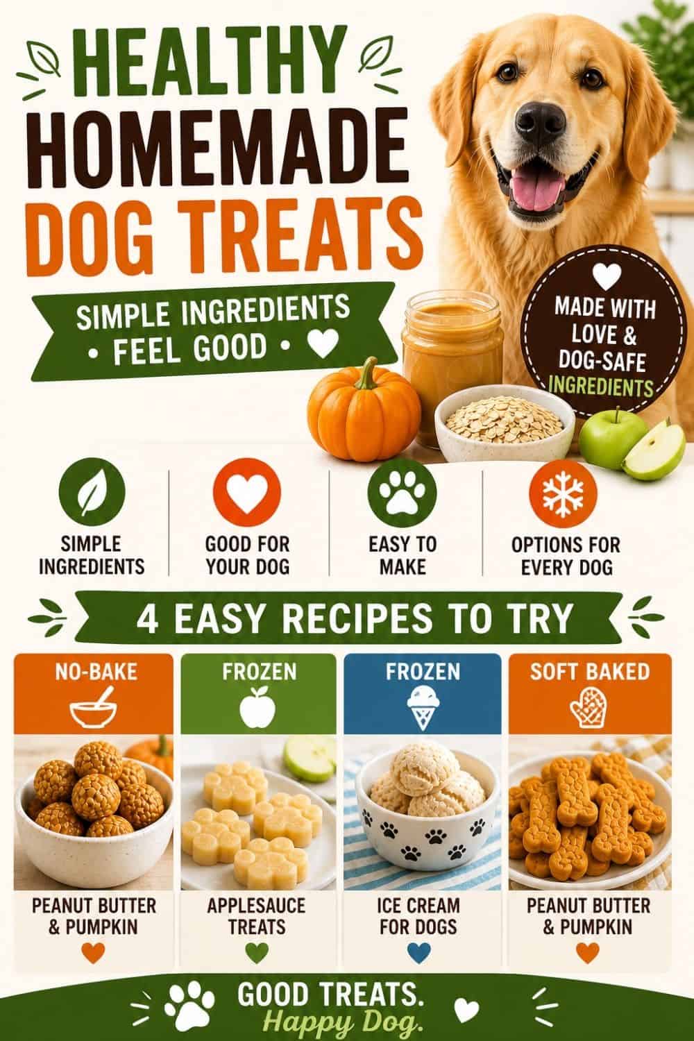 An informative graphic displaying a golden retriever next to various ingredients and dog treats, promoting easy homemade dog treat recipes with options like no-bake peanut butter and pumpkin treats, frozen applesauce treats, and soft-baked versions.