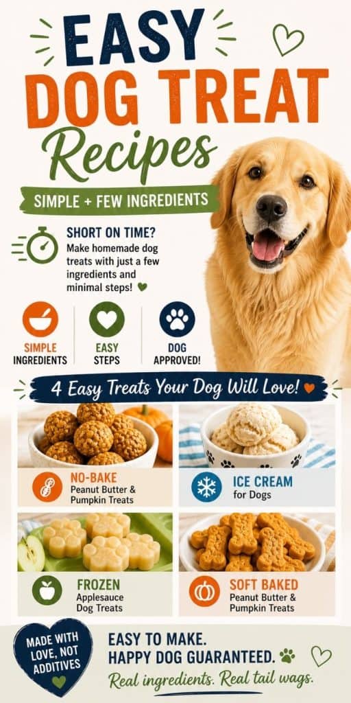 An infographic featuring a smiling dog alongside four easy homemade dog treat recipes, including no-bake peanut butter and pumpkin treats, ice cream for dogs, frozen applesauce treats, and soft-baked peanut butter and pumpkin treats.