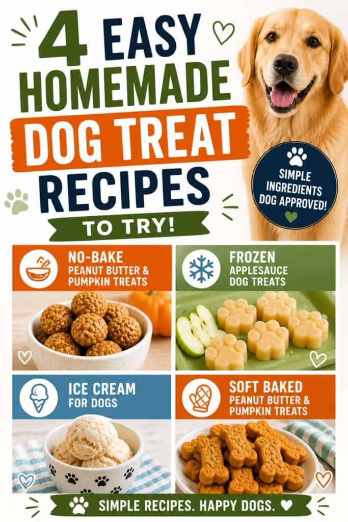 A golden retriever smiles beside a graphic displaying "4 Easy Homemade Dog Treat Recipes," including no-bake peanut butter and pumpkin treats, frozen applesauce dog treats, ice cream for dogs, and soft baked peanut butter and pumpkin treats.