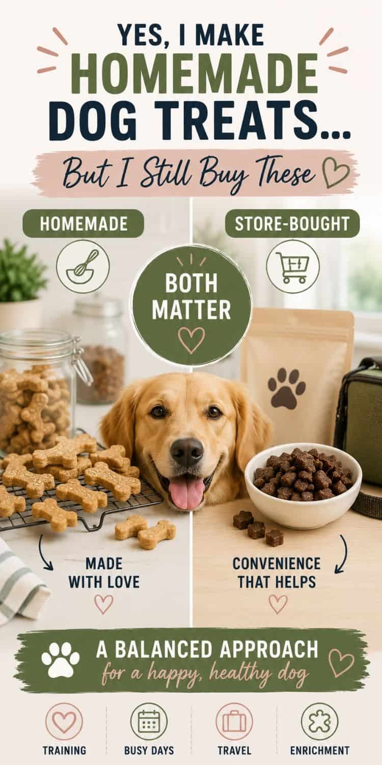 An infographic featuring a golden retriever in front of a display of homemade and store-bought dog treats, highlighting the balance between homemade dog treats and store-bought options.
