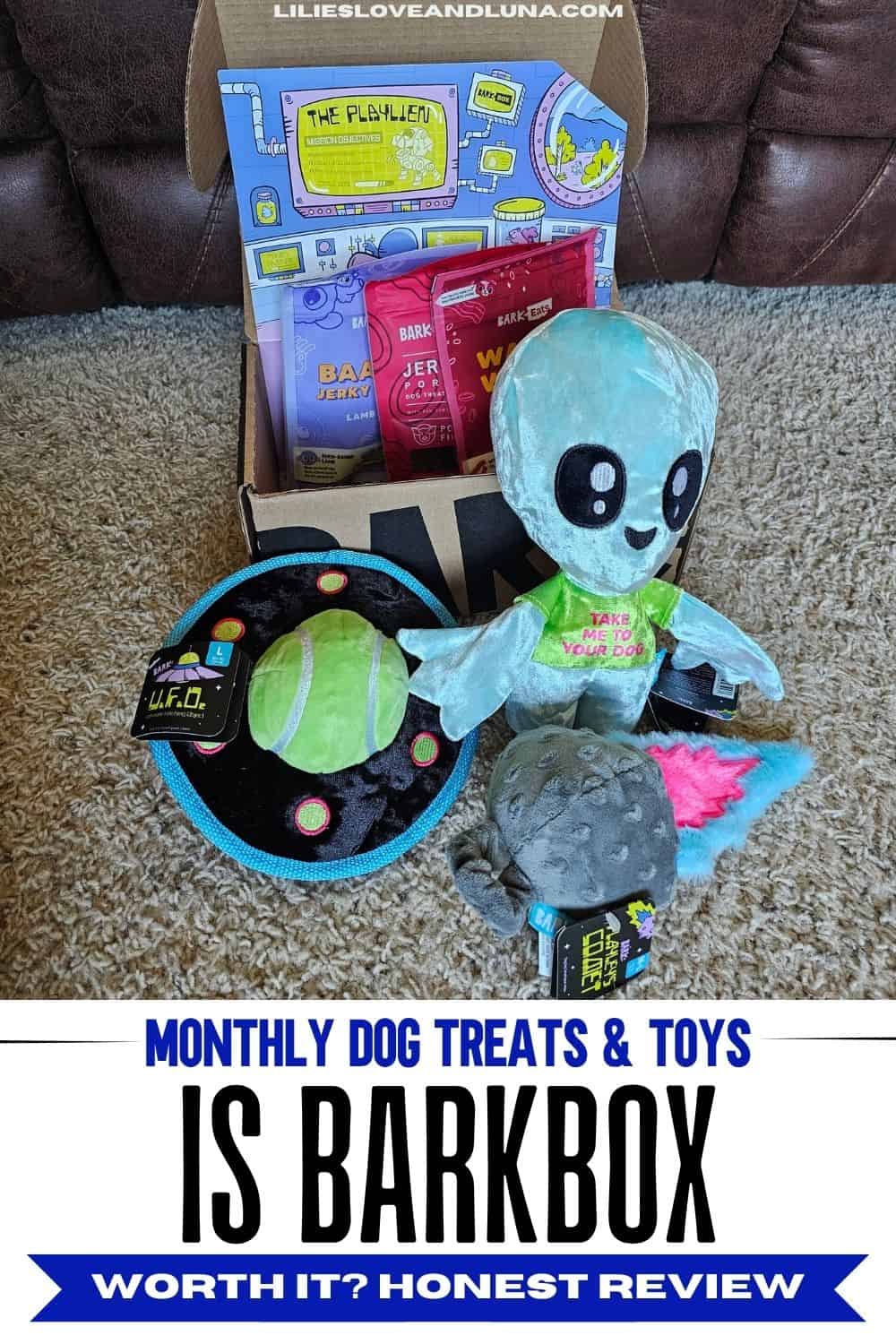 A box of BarkBox dog treats and toys includes various items such as dog jerky, a plush alien toy, and a ball, outlined with a promotional label questioning the value of the subscription.