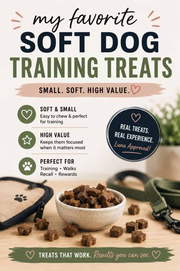 An arrangement of small, soft dog training treats in a bowl, accompanied by a dog leash and a bag, promoting both store-bought and homemade dog treats for effective training and rewards.