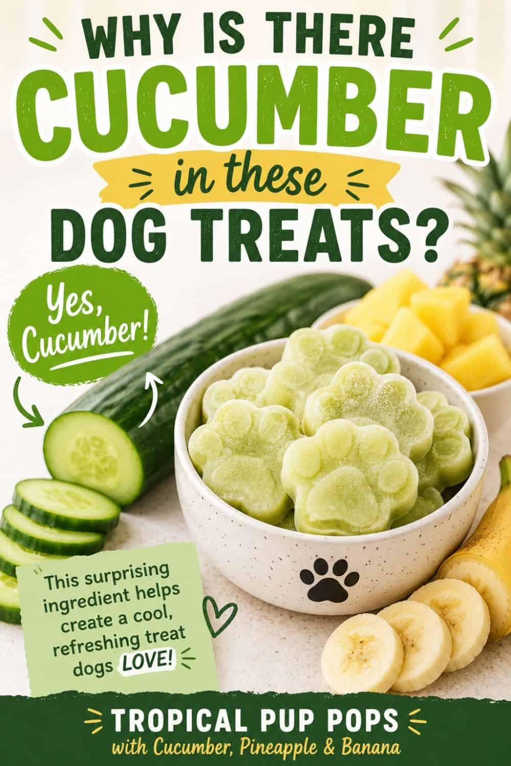 Pinterest pin featuring green paw-shaped frozen dog treats in a dog bowl surrounded by cucumber slices, pineapple chunks, and banana slices. Large text reads, "Why Is There Cucumber in These Dog Treats?" with a callout that says, "Yes, Cucumber!" and highlights that the ingredient helps create a cool, refreshing treat dogs love. The pin promotes Tropical Pup Pops with cucumber, pineapple, and banana.
