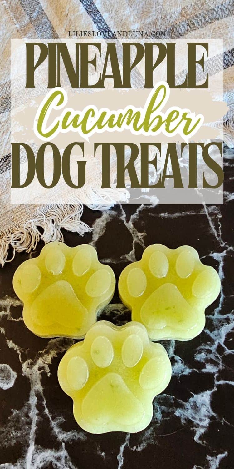 Three green paw-shaped frozen dog treats made with pineapple, cucumber, and banana are displayed on a black marble surface. A Pinterest-style text overlay reads "Pineapple Cucumber Dog Treats" above the homemade frozen treats.